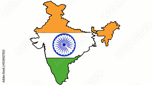 Illustration of india map with the indian flag colors and ashoka chakra on a white background displaye d
