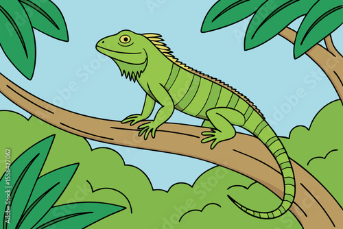 Green Iguana Cartoon - Tropical Lizard Illustration