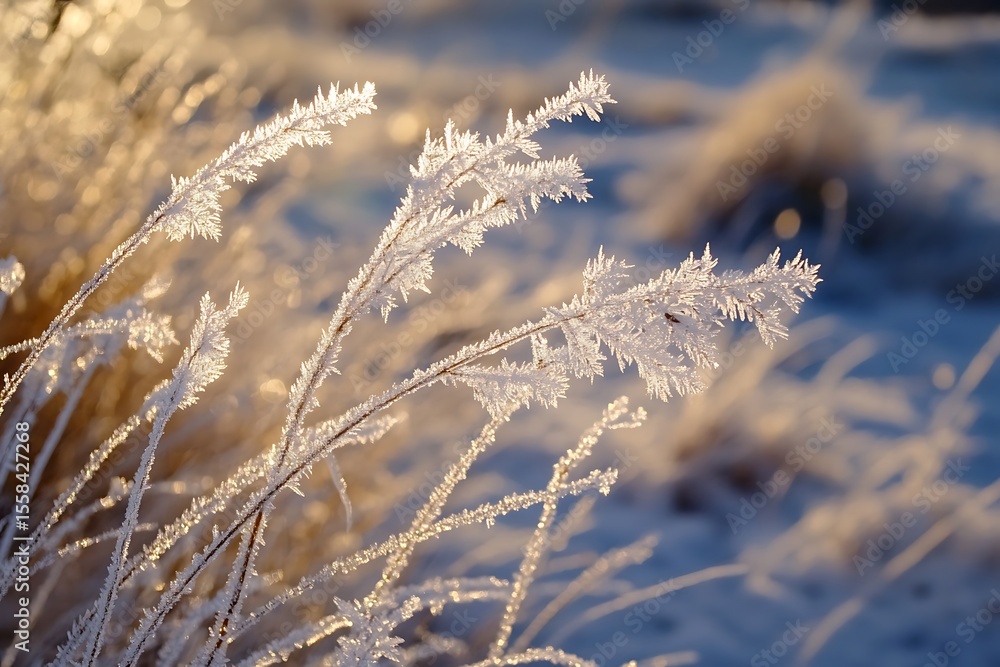 Delicate frost crystals sparkle on dry grass stalks in warm morning sunlight Delicate frost crystals sparkle on dry grass stalks in warm morning sunlight