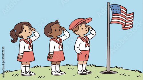 Three children in uniform saluting an american flag on a pole against a blue sky outdoors on a grassy hill