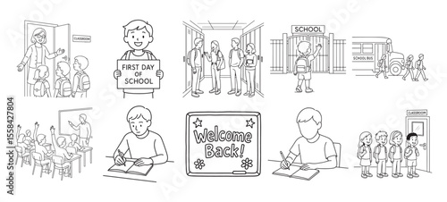 Back to School Line Art – Students in Classroom, classroom scene, School Bus Arrival, First Day of School Vector Illustration