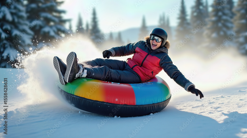 Active recreation and sports. A man quickly slides down a snow-covered hill on tubes. World Snow Day. Active recreation and sports. A man quickly slides down a snow-covered hill on tubes. World Snow Day.