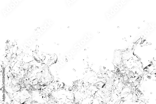 A grayscale image depicts a dynamic splash of water against a stark black background.  The water appears translucent, with varied textures and densities, creating a sense of motion and energy. 