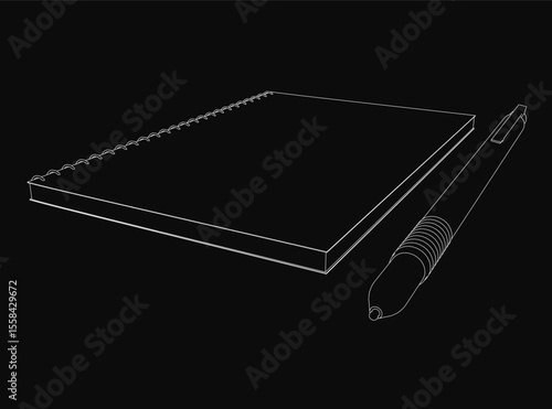 Black and white sketch of an open notebook with a pen resting on top, placed on a dark background. The simple line art conveys a creative or professional workspace, ideal for journaling, planning