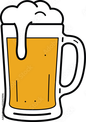 Cartoon illustration of a beer mug filled with light-colored beer and frothy head.