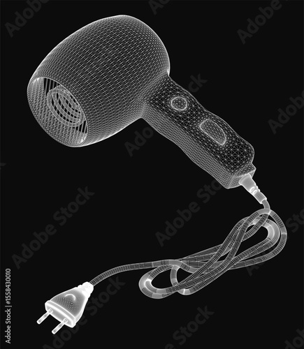 A sleek 3D model of a hair dryer with a smooth white finish, featuring a long black cord and ergonomic handle, isolated on a dark background. The design highlights modern aesthetics and functionality.