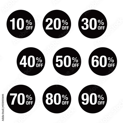 10％OFFから90％OFF までの文字入りイラストのセット　円形に白文字　背景透過　モノクロ　
