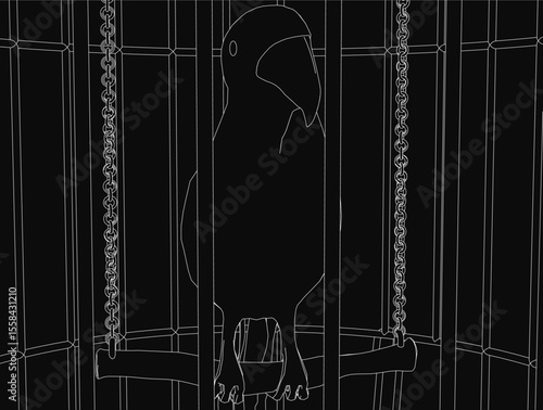 A black and white sketch-style parrot sits in a metal cage with chains, wings spread and beak slightly open. The detailed drawing emphasizes the bird's confinement with bold, expressive lines.