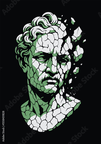 Crumbling Greek god head statue vector illustration in black and white, symbolizing ancient ruins, mythology, and decay.