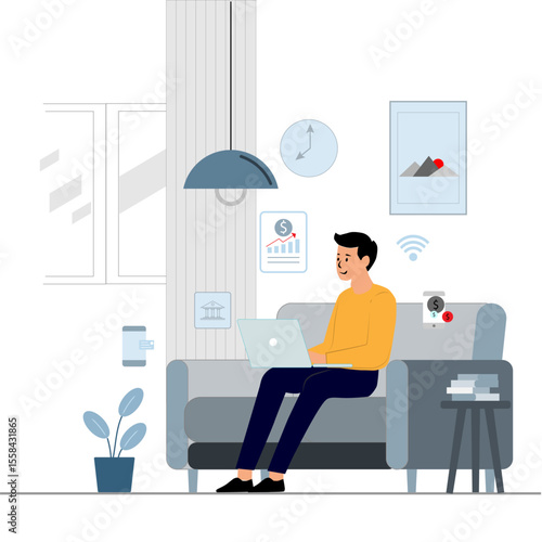 Man working remotely analyzing financial data from laptop at home with monimal icon background,Modern business vector flat design