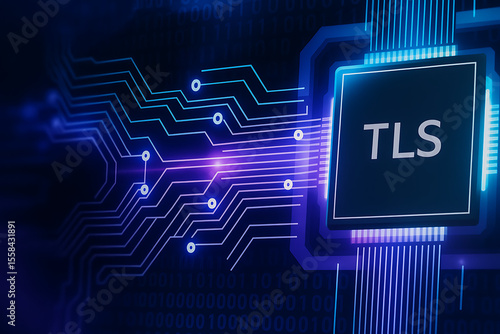 Microchip with TLS inscription surrounded by intricate circuit patterns symbolizing embedded encryption, secure hardware, and digital data protection technology

