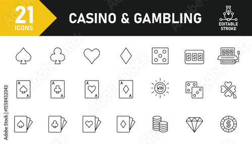 Casino and Gambling line icon set. Set of 21 outline icons related to playing card, slot machine, dice, roulette, jackpot, dealer, clover, chip and others. Editable stroke. Vector illustration.