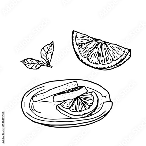 The lemon slices are on a saucer. Vector illustration. A slice of orange and mint leaves, the set is isolated on a white background. For tea party, print, menu, and cookbook themes