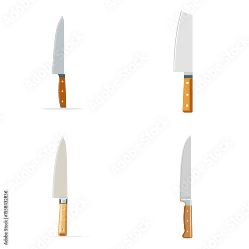 Set of professional kitchen knives with wooden handles in clean vector style. Great for cooking tools, food prep, and kitchen utensil concepts.

