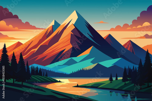 Majestic Mountain Landscape A Vibrant Sunset over Serene Peaks and River