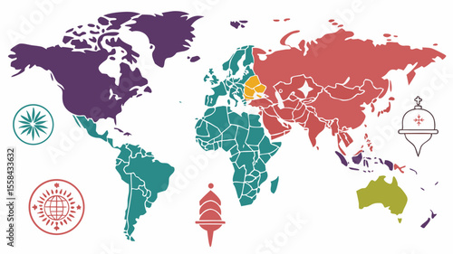 World map illustration with continents colored in different shades and religious symbols positioned around it