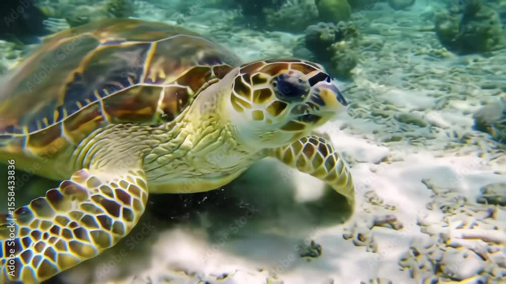 Underwater Sea Turtle Feeding Coral Reef Close-up. Underwater Sea Turtle Feeding Coral Reef Close-up.