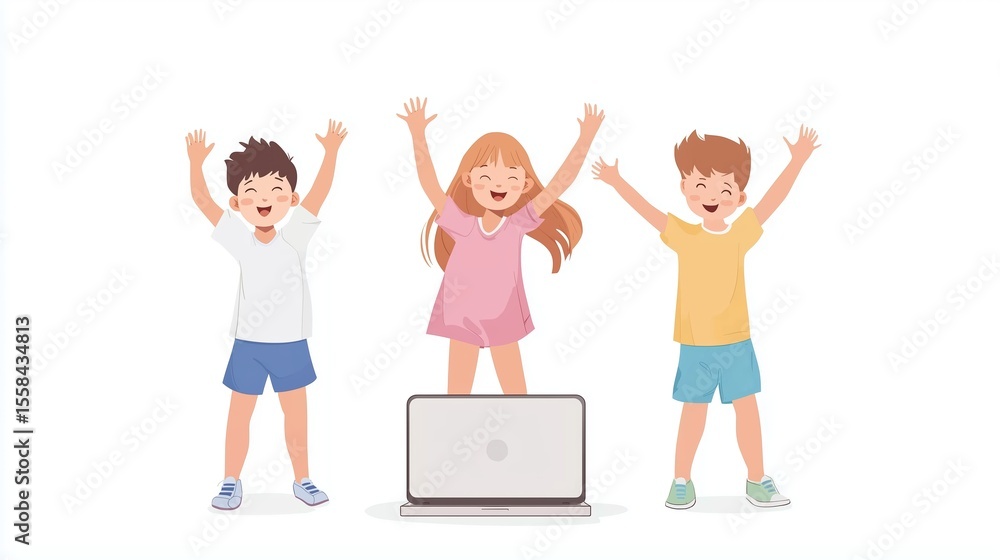 Fototapeta premium Kids celebrating joyfully in front of a laptop during an engaging online activity or event at home