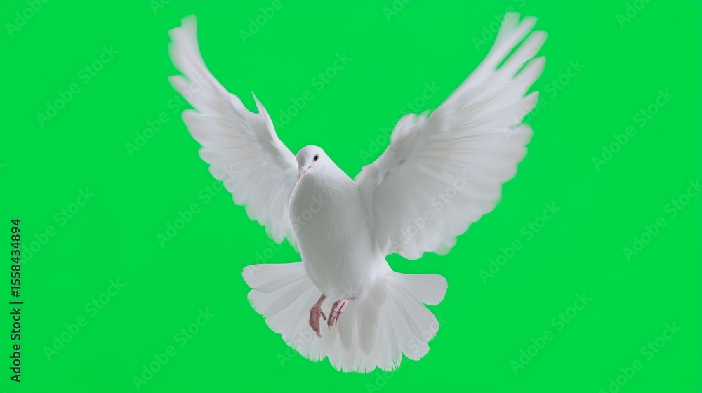 Fototapeta premium Paloma blanca en vuelo con alas extendidas sobre fondo verde chroma key, espíritu santo, Ave símbolo de paz flotando frontalmente, paloma blanca aislada en fondo verde