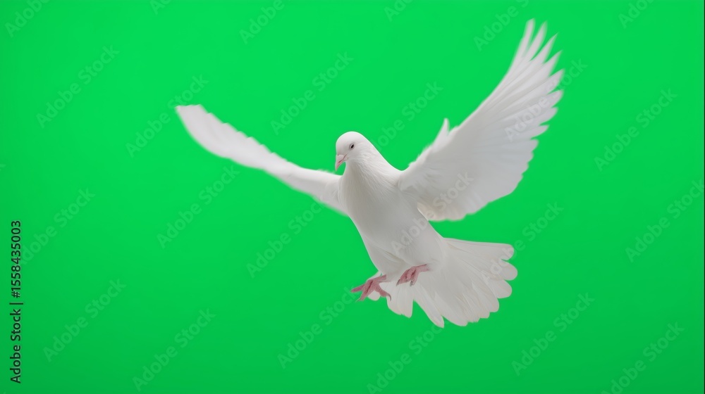 Obraz premium Paloma blanca en vuelo con alas extendidas sobre fondo verde chroma key, espíritu santo, Ave símbolo de paz flotando frontalmente, paloma blanca aislada en fondo verde