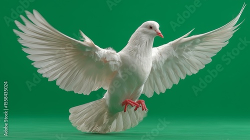 Paloma blanca en vuelo con alas extendidas sobre fondo verde chroma key, espíritu santo, Ave símbolo de paz flotando frontalmente, paloma blanca aislada en fondo verde