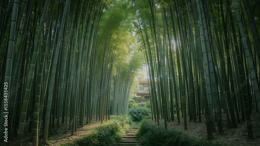 Obraz premium A tranquil pathway through a dense bamboo forest, bathed in sunlight.