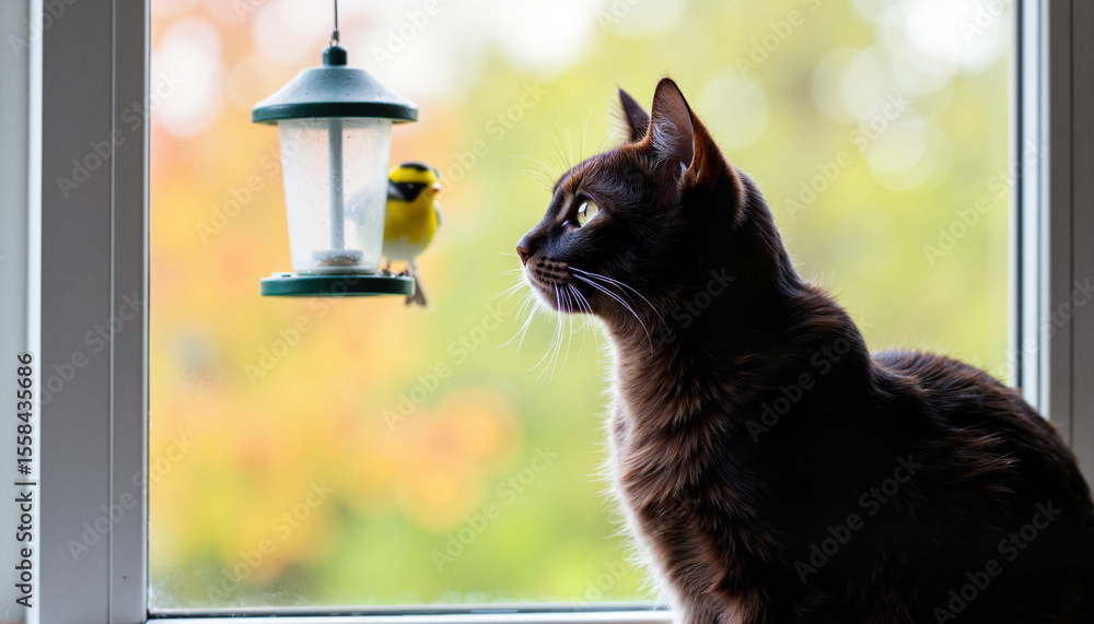 Obraz premium Black cat observing yellow bird at feeder through window 