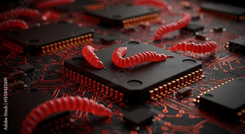 Computer Worms Infecting a Circuit Board and Microchips. (AI Generated)