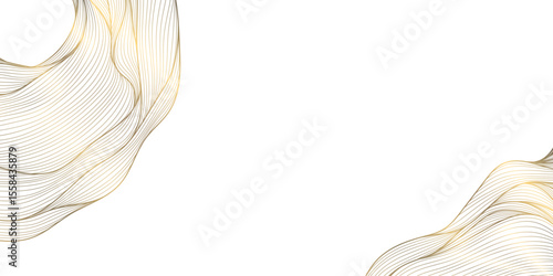 Vector golden line wave frame, curve premium art background. Luxury ocean banner, could backdrop, modern texture. Elegant glitter organic elements