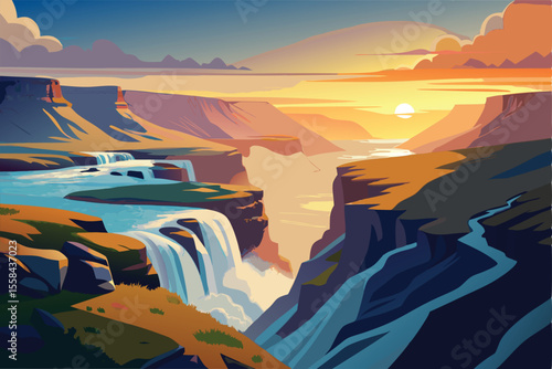 Majestic Sunset over Grand Canyon Waterfall A Breathtaking Landscape Illustration