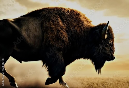 A bison walks steadily across a dusty plain during a golden sunset. Warm light highlights its thick fur and horns as dust rises with its movement.