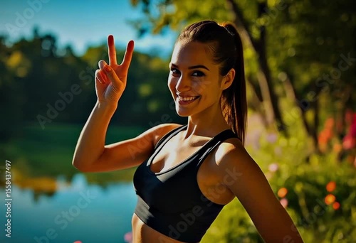 A young woman in athletic attire poses near a serene lake with lush greenery, vibrant flowers, and a forested background on a sunny day.