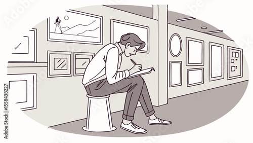 A man sitting on a stool sketching in an art gallery surrounded by framed paintings and artwork on display