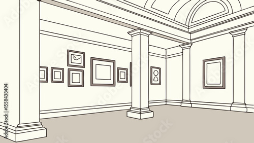 Illustration of an art gallery interior with columns and framed pictures hanging on the wall, perspective view