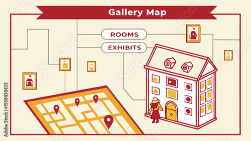 Illustration of a gallery map featuring rooms and exhibits with a building and a map with location pins