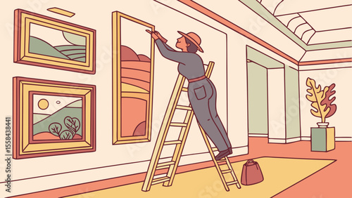 Woman on a ladder adjusting a painting in an art gallery with other paintings and a potted plant visible