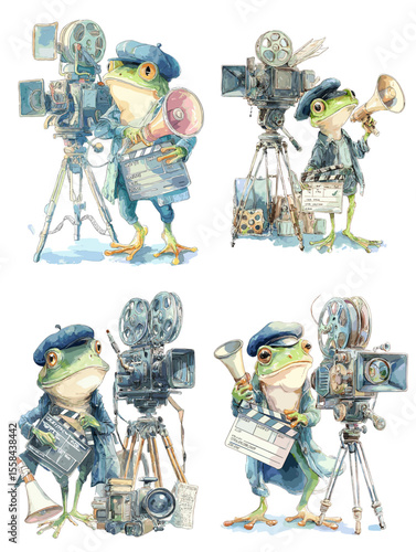 Cute watercolor frogs as film directors and cinematographers with vintage cameras and clapperboards. Ideal for creative, cinema, or storytelling visuals.

