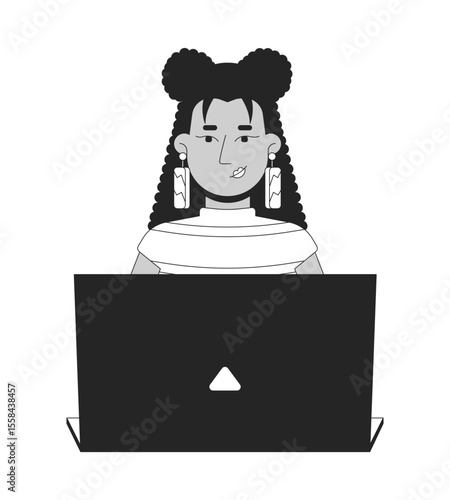 Stylish latina woman with long earrings typing laptop 2D line character. Web designer. Confident hispanic female developer coding isolated vector ink outline person. Monochromatic spot illustration