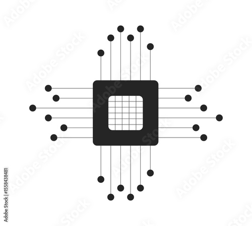 Central microchip with extending circuit nodes 2D line object. Computing power. IT technology. AI chip motherboard. CPU symbol isolated clipart vector ink outline item. Monochrome spot illustration