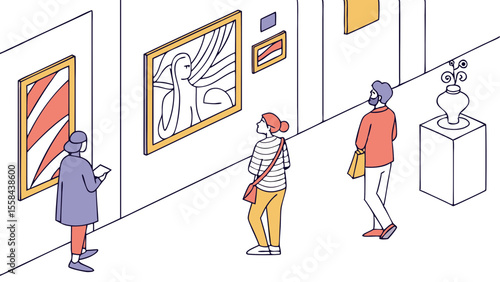People exploring art in a gallery featuring diverse paintings and a decorative vase on a pedestal display
