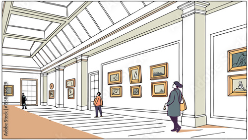 People viewing art in a museum gallery with skylight and framed paintings on the walls in a spacious hall