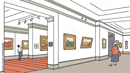 People viewing framed artwork in a museum gallery with white walls and red carpet in a perspective view