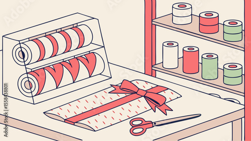 Illustration of a gift wrapping station with rolls of paper, wrapped present, and scissors on a table top