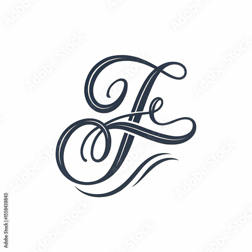 Intricate calligraphy letter F in vintage monogram style featuring bold flourishes, elegant swirls stippling and ornamental line work
