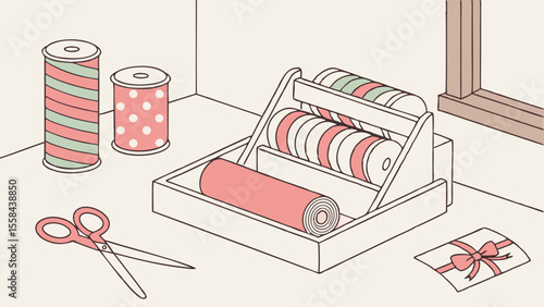 Illustration of wrapping paper rolls, scissors, and a gift card on a table in a craft room setting