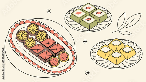 Illustration of three plates of assorted desserts with lemon slice and leaf decorations around them