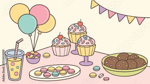 A festive party scene with balloons cupcakes cookies juice and a colorful banner decoration setup nicely