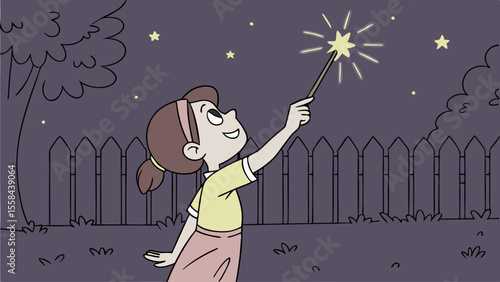 Illustration of a girl holding a sparkler at night with stars and a fence in the background scene outdoors
