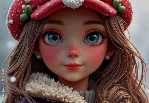 Digitally animated woman with blue eyes, red snow dusted hat, and fur lined coat. Subtle head movements and blinking in a snowy outdoor setting.
