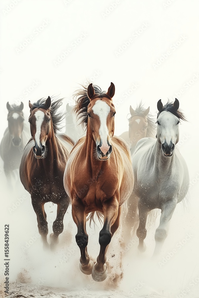 Obraz premium Manada de caballos salvajes al galope en pradera, Estampida de caballos en pradera árida con luz dorada, Caballos salvajes en estepa, contraluz y polvo dorado